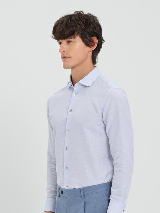 callisto浅蓝棉麻混纺一字领长袖衬衫 商品图3