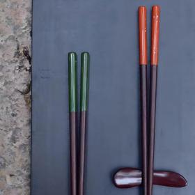 《双紫》小叶紫檀大漆橙红螺钿圆筷  葱绿螺钿圆筷