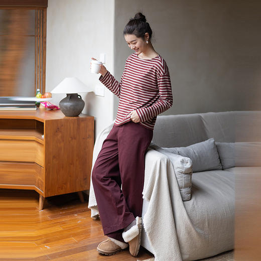 特绽放064朵/如一·棉混氨针织撞色条纹长袖T恤一字领百搭打底衫 商品图3