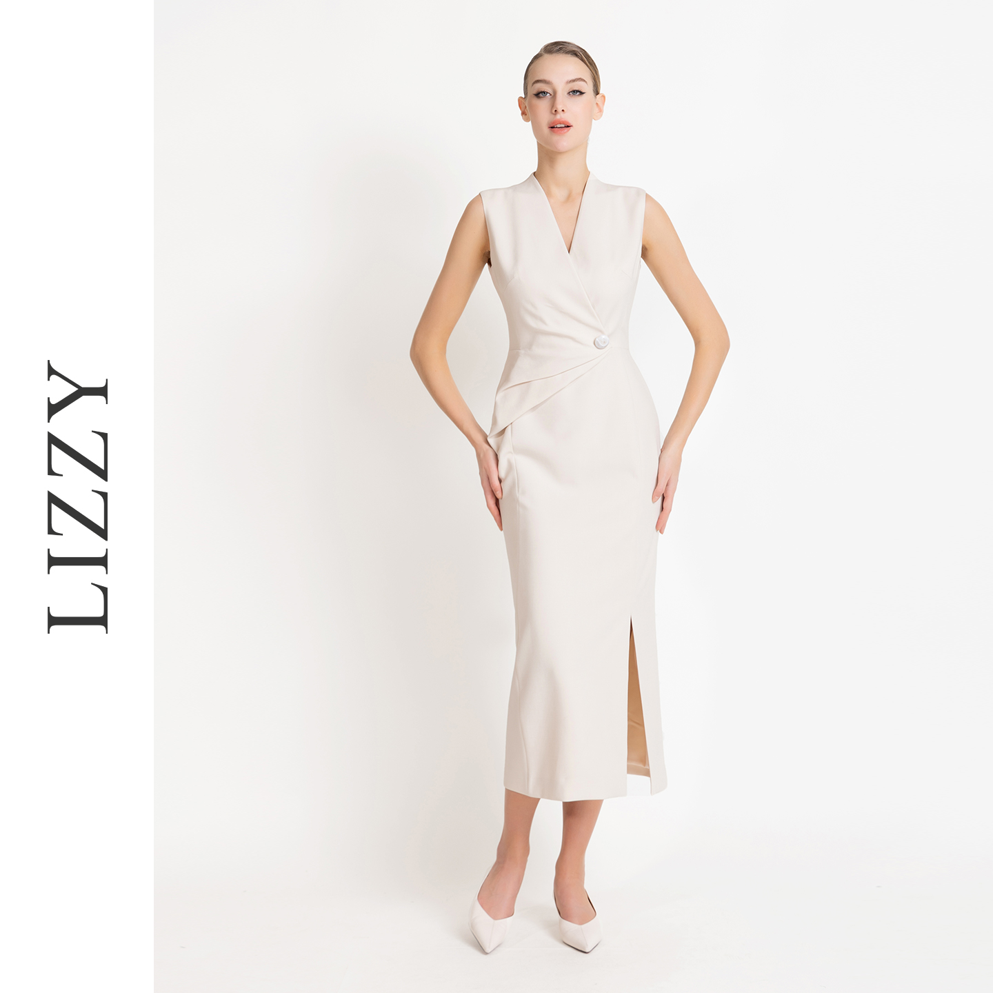 LIZZY早秋优雅气质通勤修身显瘦V领包臀开叉无袖连衣裙8010