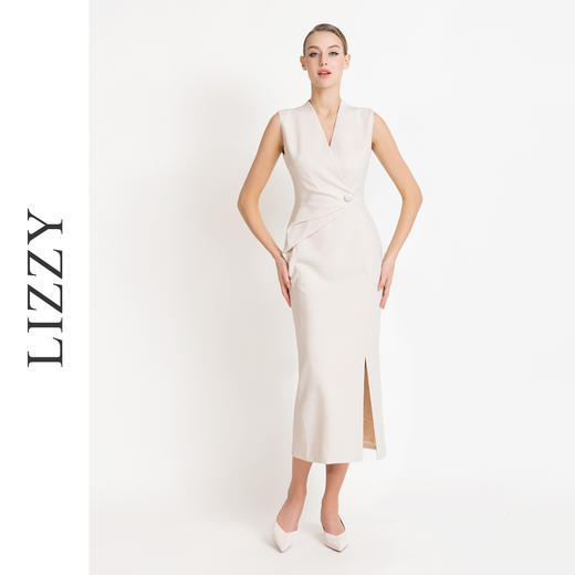 LIZZY早秋优雅气质通勤修身显瘦V领包臀开叉无袖连衣裙8010 商品图0