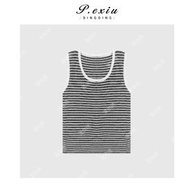 04-1潘依绣丁丁宠粉韩系U领无袖条纹针织马甲Q80661