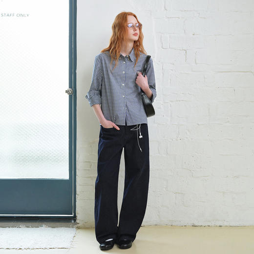 714street美式复古蓝白格纹长袖衬衫2026春季潮牌宽松纯棉衬衣女 商品图2