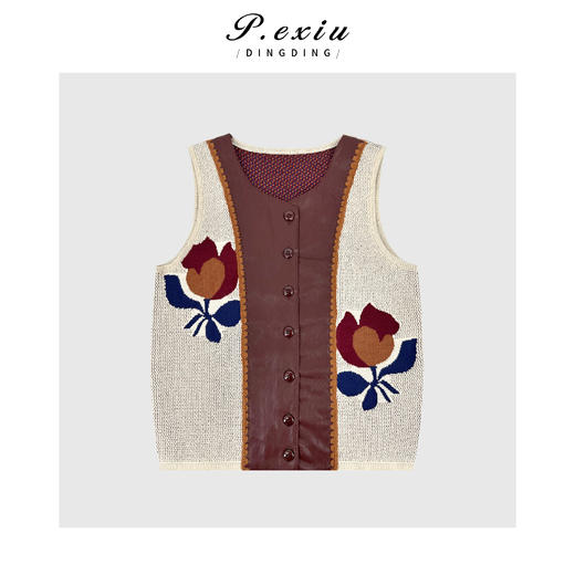 04-2潘依绣丁丁宠粉重工花朵刺绣针织拼皮无袖马甲Q36941 商品图0