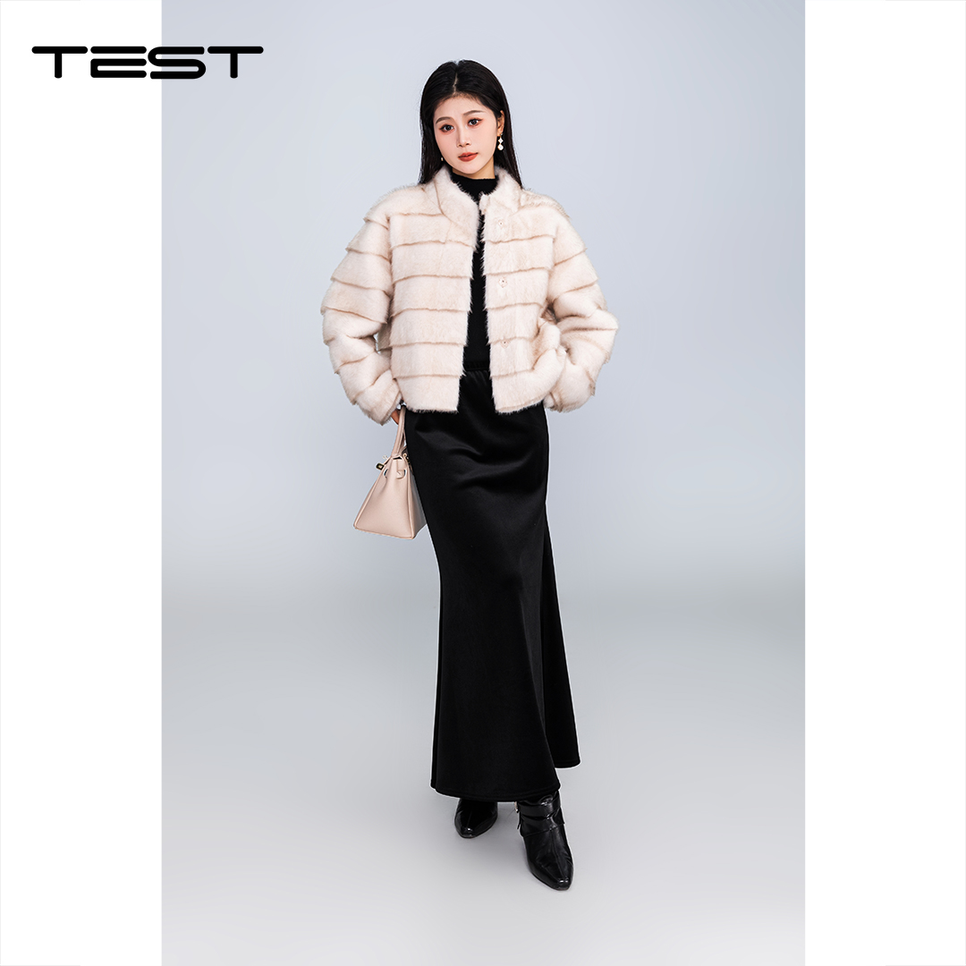 冬上新气质小香风条纹立领保暖仿皮草绒外套2254229