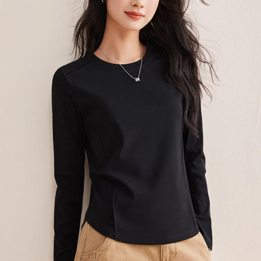 「自j」全新升级【铂金会员119/天猫159/差价40】(85442)洛诗琳鱼骨分割圆弧下摆长袖T2026春季新款圆领纯色打底上衣 商品图2