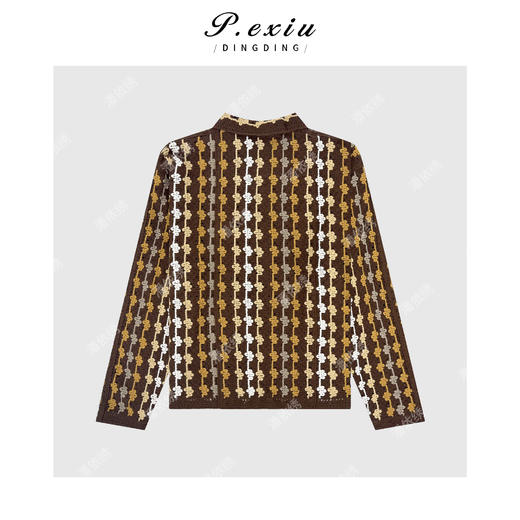 04-2潘依绣丁丁宠粉复古撞色勾花镂空编织翻领长袖针织上衣 Q31955 商品图1