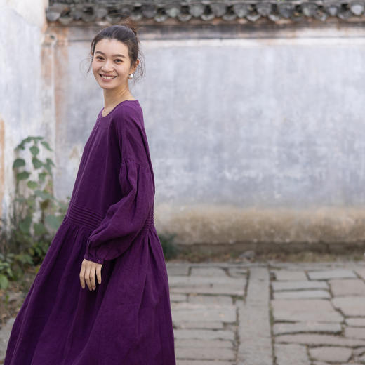 绽放006朵/起舞·加厚亚麻圆领收腰塔克捏褶长袖连衣裙春季新款 商品图2