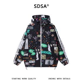 SDSA秋冬新款痞帅男装时尚趣味涂鸦拉链连帽夹克外套下摆松紧百搭
