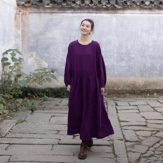 绽放006朵/起舞·加厚亚麻圆领收腰塔克捏褶长袖连衣裙春季新款 商品图1