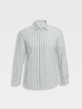 callisto灰调薄荷绿竖条纹鱼嘴领棉仿麻衬衫