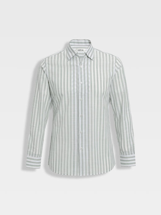 callisto灰调薄荷绿竖条纹鱼嘴领棉仿麻衬衫 商品图0