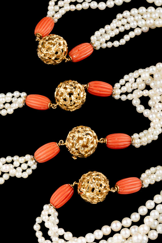 独角鹿西洋古董20世纪后期法国顶级珠宝品牌卡地亚出品球形18K黄金精雕镶嵌多股式珍珠及珊瑚项链 商品图7