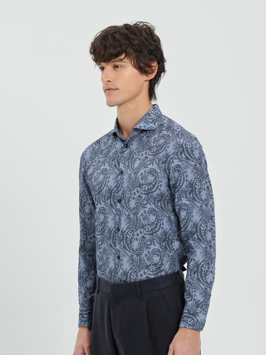 callisto蓝色莱赛尔亚麻混纺休闲长袖衬衫 商品图3