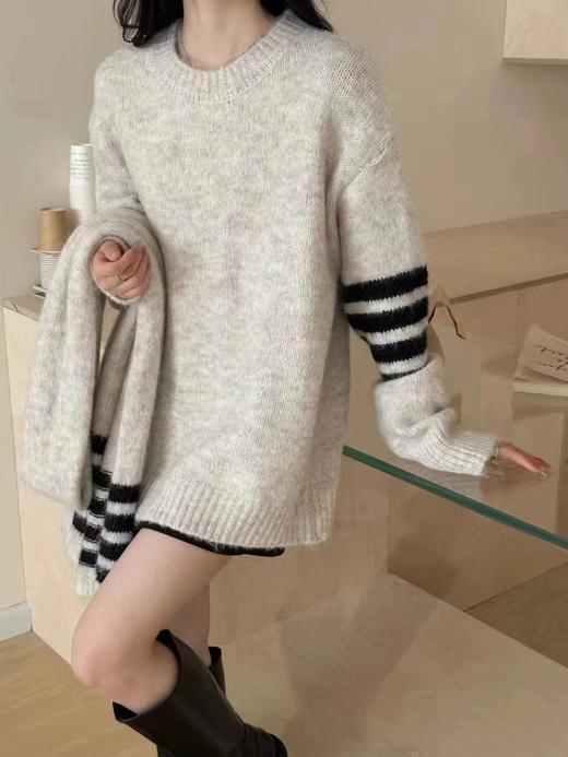 F011627撞色条纹设计感套头毛衣女2026春秋冬款宽松慵懒风针织衫 商品图0