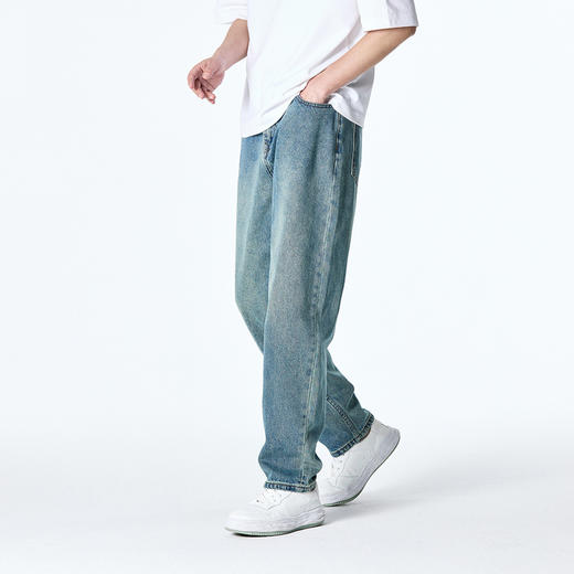 GXG男装【棉混纺水洗】春季复古猫须耐磨宽松直筒休闲男式牛仔裤K&C 商品图2