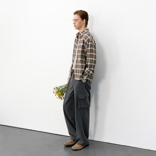 714street美式复古渐变格纹长袖衬衫2026春季潮牌宽松褶皱衬衣男 商品图4