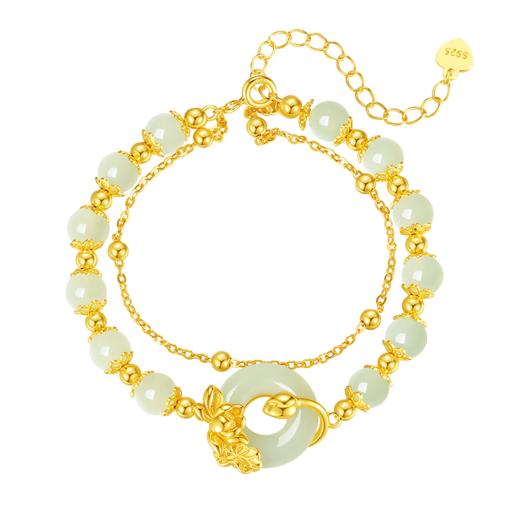 Winy S925 银镀金莲语平安扣手链 天然和田玉双层叠戴手饰 带证书国风送礼 商品图4