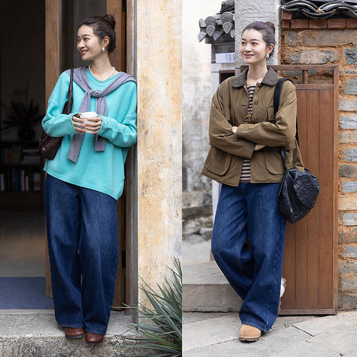 绽放003朵/雾蓝暖牛仔·深蓝直筒加毛显瘦牛仔长裤阔腿裤春季新款 商品图2