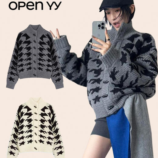 【时髦这件事要上高度】韩国小众潮牌毛衣！2026新款open yy千鸟格针织开衫牛角扣圆领毛衣加厚羊毛外套！ 商品图0