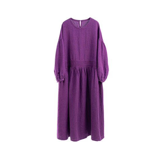 绽放006朵/起舞·加厚亚麻圆领收腰塔克捏褶长袖连衣裙春季新款 商品图4