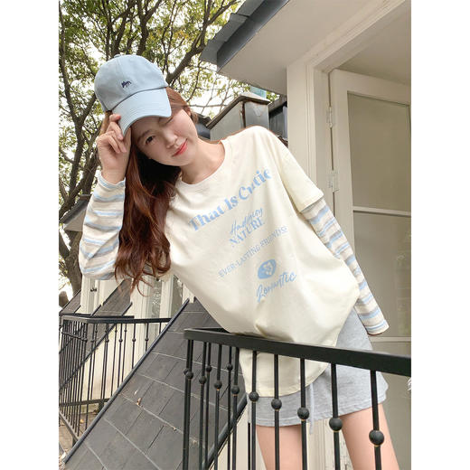 【129元任选2件】现货！韩系条纹假两件t恤长袖 商品图1