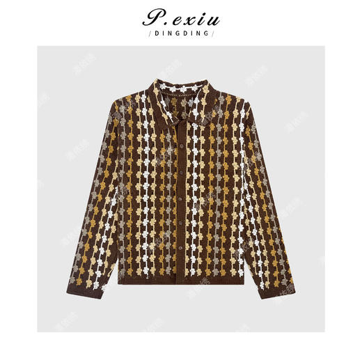 04-2潘依绣丁丁宠粉复古撞色勾花镂空编织翻领长袖针织上衣 Q31955 商品图0