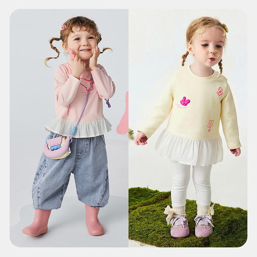 迷你巴拉女童宝宝拼接长袖T恤春新款亲肤植物纤维甜美荷叶边上衣 商品图2