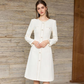 IWY/小香风米白色长袖连衣裙女珍珠扣显瘦通勤优雅西装裙工作服J25Q261-M