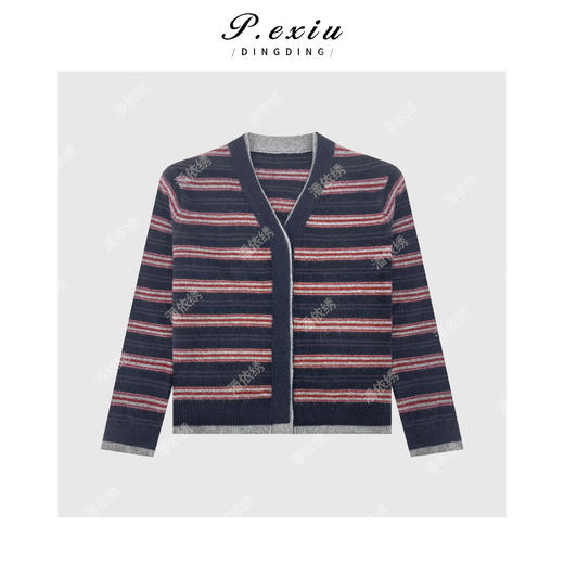 04-2潘依绣丁丁宠粉山羊绒绵羊毛复古简约撞色条纹针织开衫Q9745 商品图0