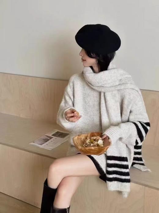 F011627撞色条纹设计感套头毛衣女2026春秋冬款宽松慵懒风针织衫 商品图1