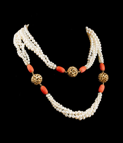 独角鹿西洋古董20世纪后期法国顶级珠宝品牌卡地亚出品球形18K黄金精雕镶嵌多股式珍珠及珊瑚项链 商品图4