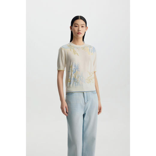 商场同款PURE TOUCH女装26春夏新款短袖针织衫绵羊毛植物印花半袖 商品图5