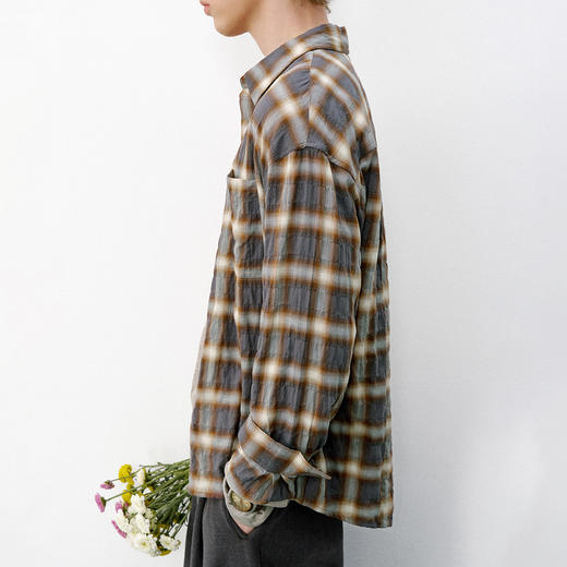 714street美式复古渐变格纹长袖衬衫2026春季潮牌宽松褶皱衬衣男 商品图1