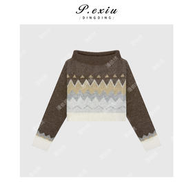 04-2潘依绣丁丁宠粉复古腔调花纹一字肩针织毛衣Q1546