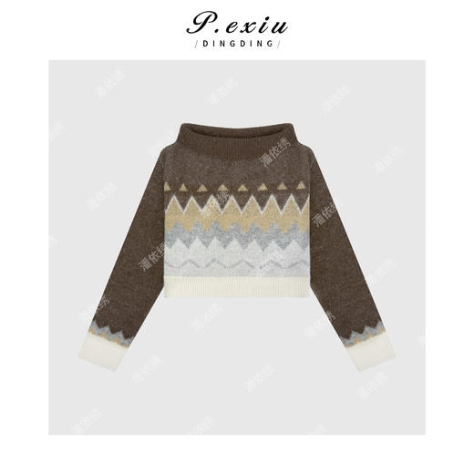 04-2潘依绣丁丁宠粉复古腔调花纹一字肩针织毛衣Q1546 商品图0