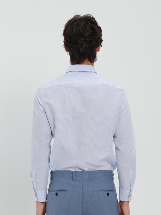 callisto浅蓝棉麻混纺一字领长袖衬衫 商品图4