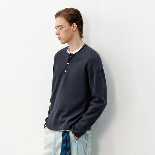 714street复古亨利领纯色卫衣2026春季潮牌宽松重磅长袖T恤男款 商品图1