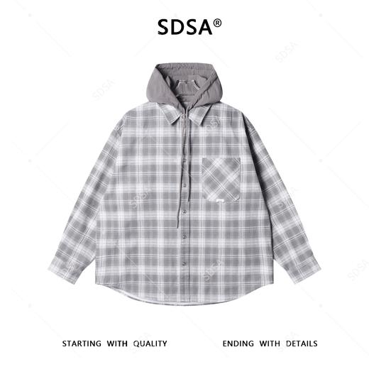 12702SDSA男士秋冬新款痞帅男装潮牌撞色格纹拼接连帽按扣长袖衬衫百搭 商品图1