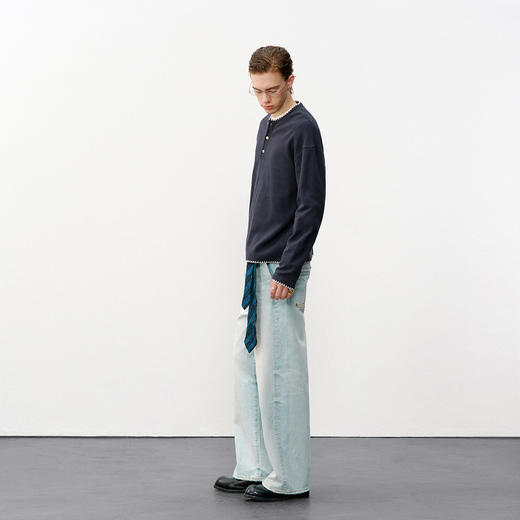 714street复古亨利领纯色卫衣2026春季潮牌宽松重磅长袖T恤男款 商品图4