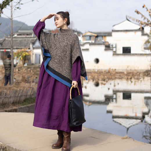 绽放006朵/起舞·加厚亚麻圆领收腰塔克捏褶长袖连衣裙春季新款 商品图3