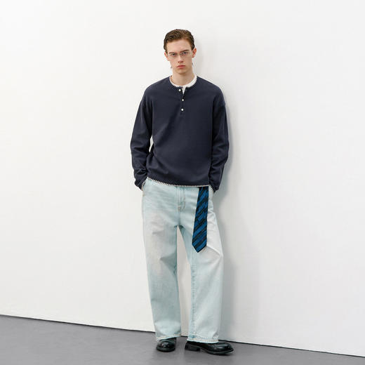 714street复古亨利领纯色卫衣2026春季潮牌宽松重磅长袖T恤男款 商品图2