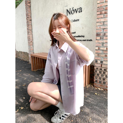 <曾小咸推荐>韩系翻领长袖衬衫条纹披肩 商品图1