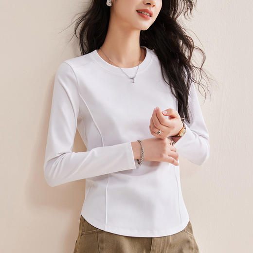 「自j」全新升级【铂金会员119/天猫159/差价40】(85442)洛诗琳鱼骨分割圆弧下摆长袖T2026春季新款圆领纯色打底上衣 商品图3