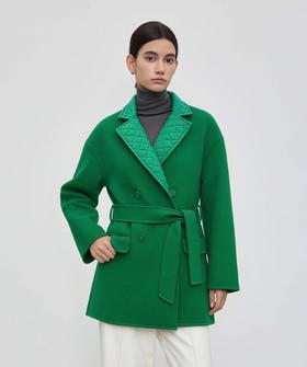 QG98080#羊绒翻领系带大衣