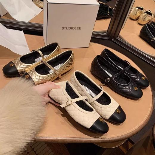 羊皮小香风玛丽珍！金扣山茶花小香风菱格拼色内增高玛丽珍鞋女 商品图0