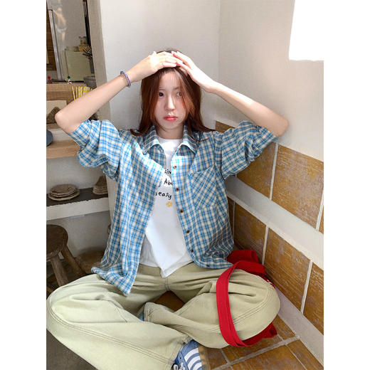 <曾小咸推荐> 蓝格衬衫白色短袖t恤两件套 商品图0