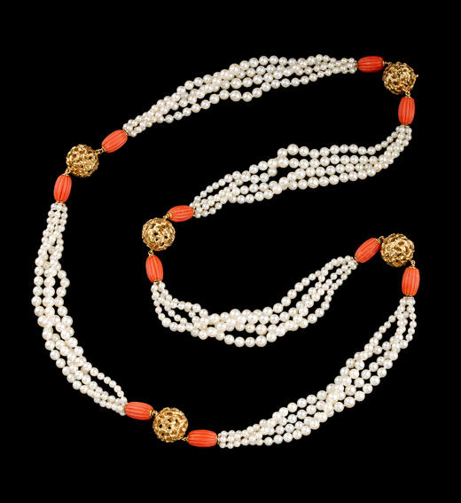 独角鹿西洋古董20世纪后期法国顶级珠宝品牌卡地亚出品球形18K黄金精雕镶嵌多股式珍珠及珊瑚项链 商品图5