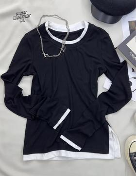 33BAR090747#撞色领长袖T