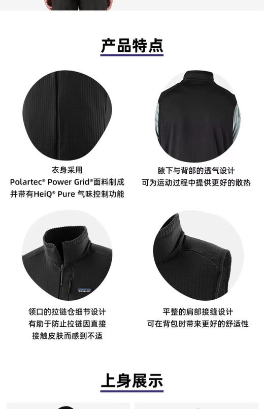 原单正品 Patagonia巴塔哥尼亚男士抓绒马甲R1，一件能陪你征服山野与都市的温度管理神器！

蓝色/黑色 S-XXL 商品图12